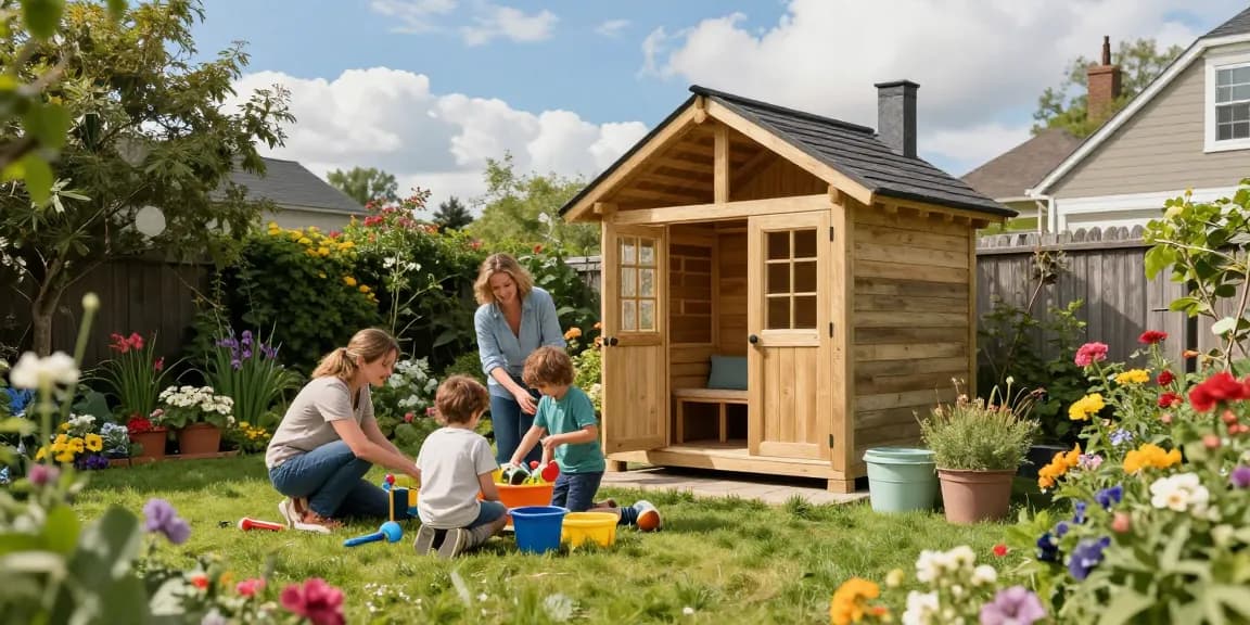 Gartenhaus kaufen: Familie genießt den neuen Gartenplatz umgeben von bunten Blumen und Spielzeug.