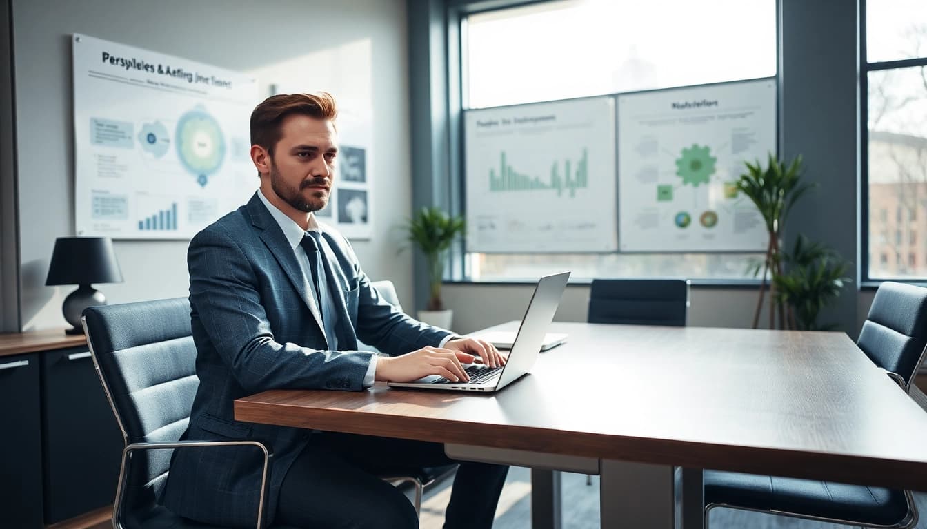 Headhunter Wolfsburg berät Kunden in modernem Büro mit Laptop und Diagrammen.