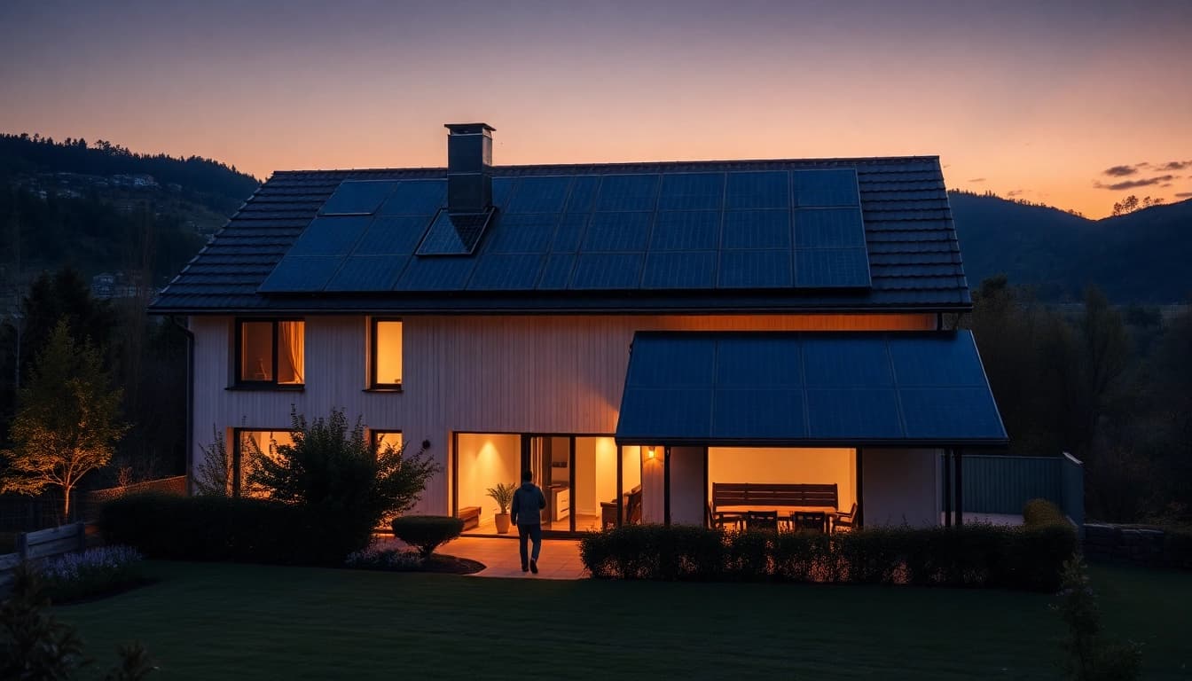 Entdecken Sie ein Photovoltaik Komplettsystem für Einfamilienhäuser auf einem modernen Zuhause, umgeben von einem Garten und sanften Hügeln.