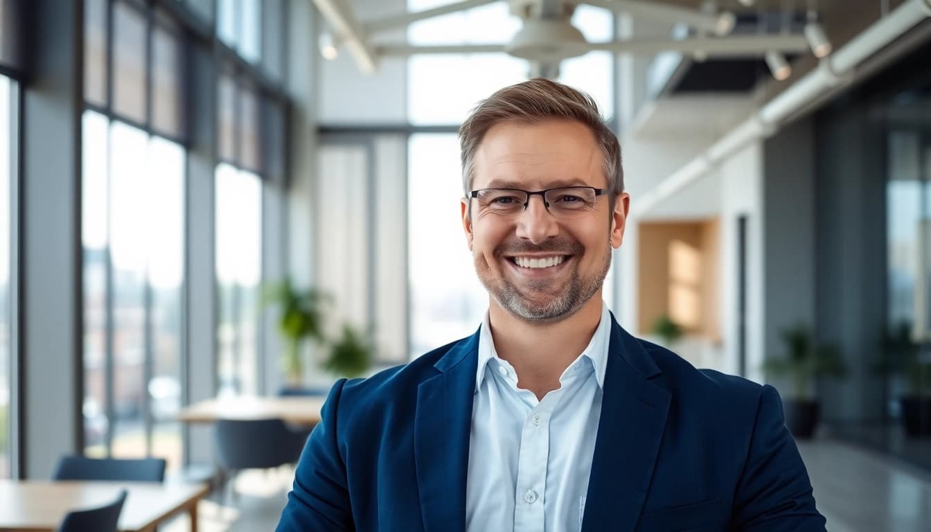 Fangen Sie das Interesse mit einem Business Portrait München eines lächelnden Geschäftsführers ein.