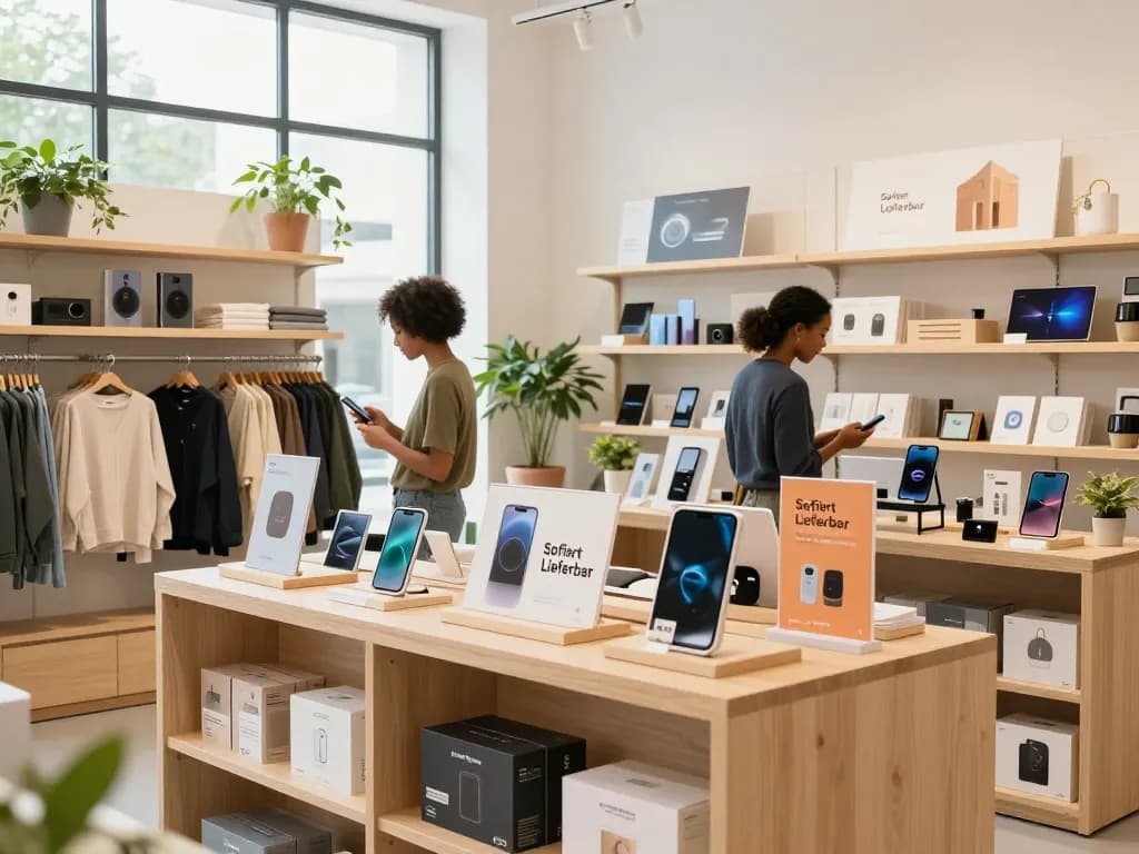 Einzelhandels Szene mit Produkten mit Sofort Lieferbar Verfügbarkeit, Käufer stöbert in einem hellen E-Commerce-Shop.
