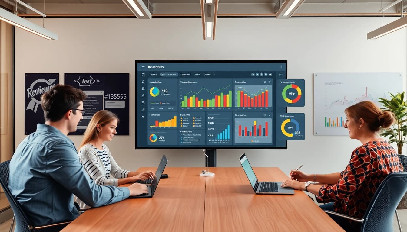 Visualisieren Sie einen modernen Arbeitsplatz mit einem Review Tracker Display, wo das Team gemeinsam an Kundenrezensionen arbeitet.