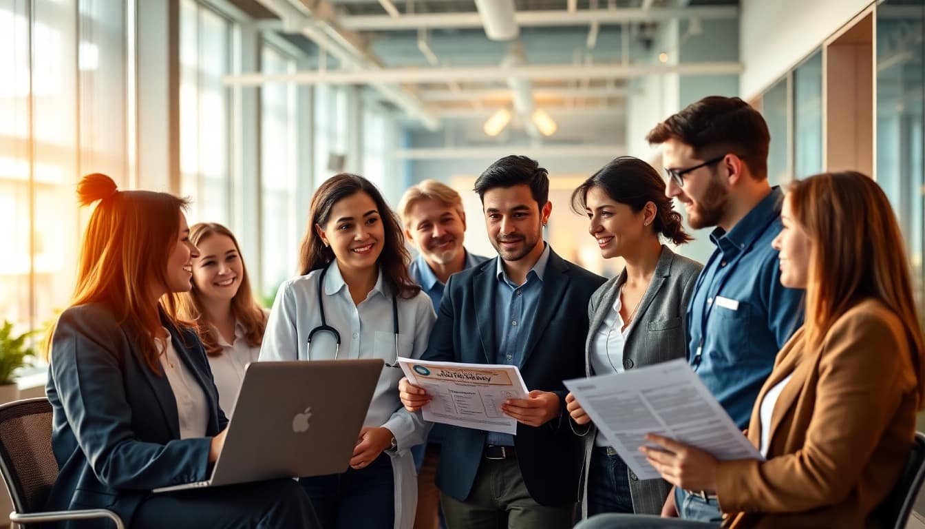 Explore dynamic professionals discussing average salary in Germany, showcasing diversity in a modern office.
