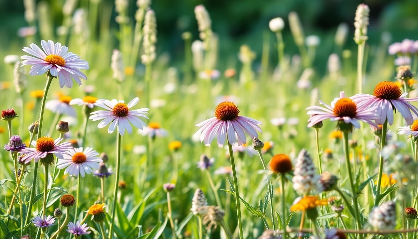 Pflanzenheilkunde: Blühende Heilpflanzen in einer natürlichen Landschaft darstellen.