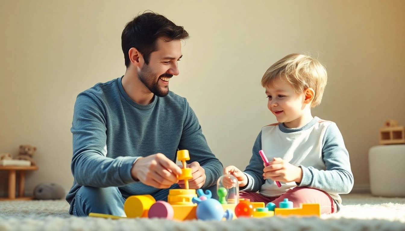 Kindererziehung: Eltern spielen kreativ mit ihrem Kind in einem einladenden Raum.