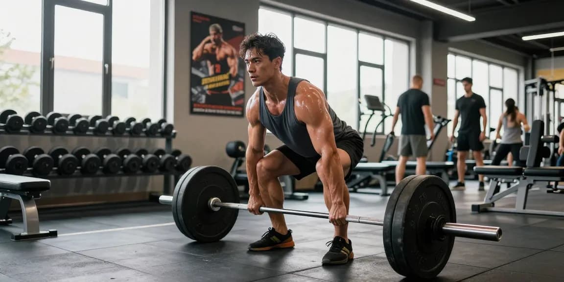Anabolika Shop Deutschland - Bodybuilder hebt Gewichte in einem modernen Fitnessstudio und zeigt Stärke und Hingabe.