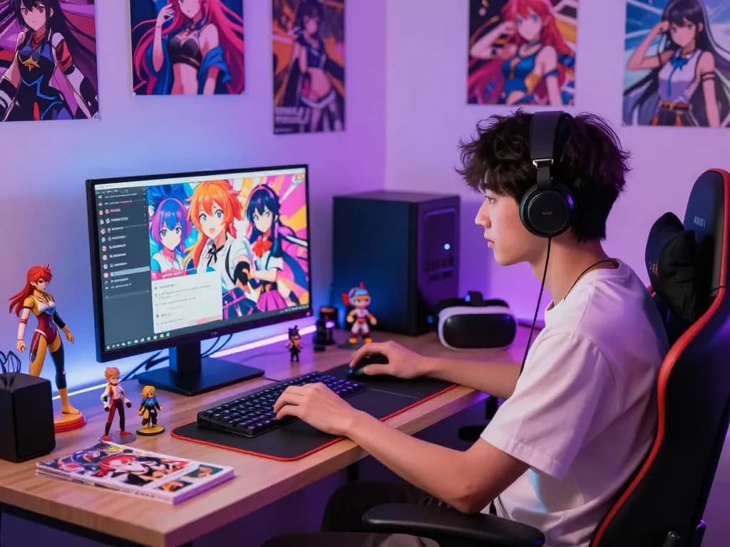 Engaging hentai ai chat experience with vibrant anime visuals and cozy gamer setup.