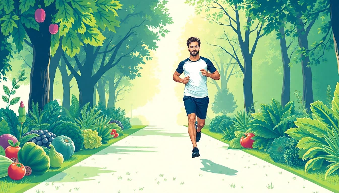 Inspirierender Prozess des Gewichtsverlusts: Jogger in einem sonnigen Park umgeben von frischen Lebensmitteln.