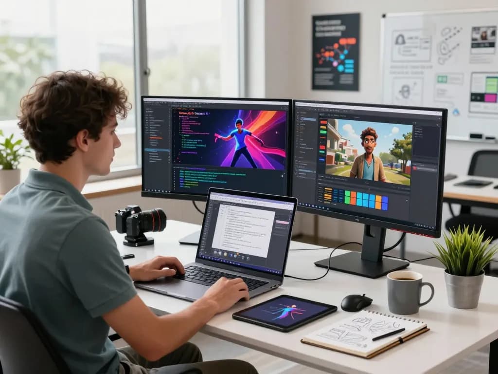 Developer using motion control ai in a modern tech workspace, showcasing dynamic character animations on dual monitors.