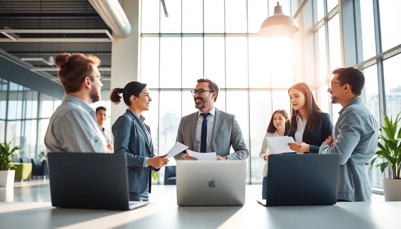 Headhunter Ingenieure discussing in a modern office with engaging expressions.