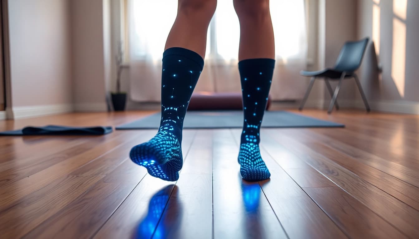 Sportliche Person präsentiert ihre einzigartigen neuro socks in einem modernen Raum für mehr Komfort und Unterstützung.