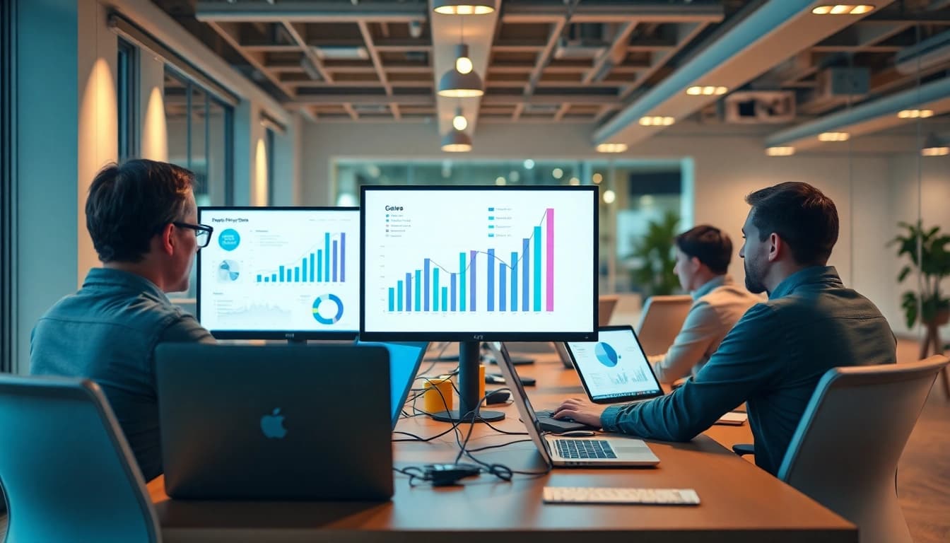Visualisieren Sie den Prozess des SEO-Rankings in einer modernen Büroumgebung mit Laptops und Datenanalysen.