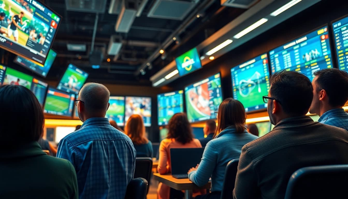 Sportwetten ohne Lizenz: Teilnahme an spannenden Wetten in einem lebhaften Wettbüro.