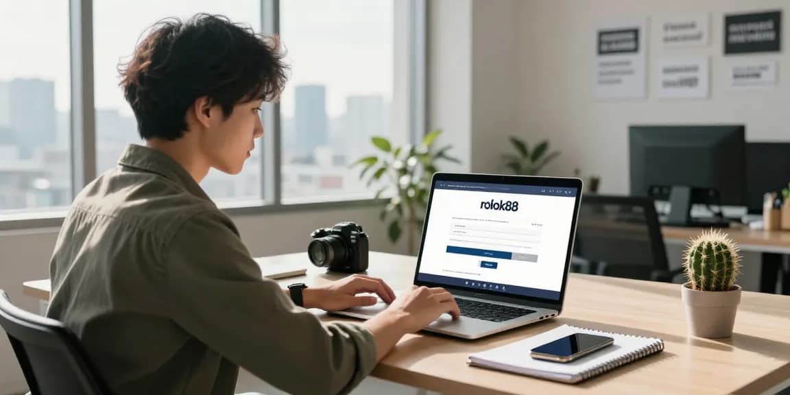 Professional accessing the rokok88 login page in a bright corporate office setting.