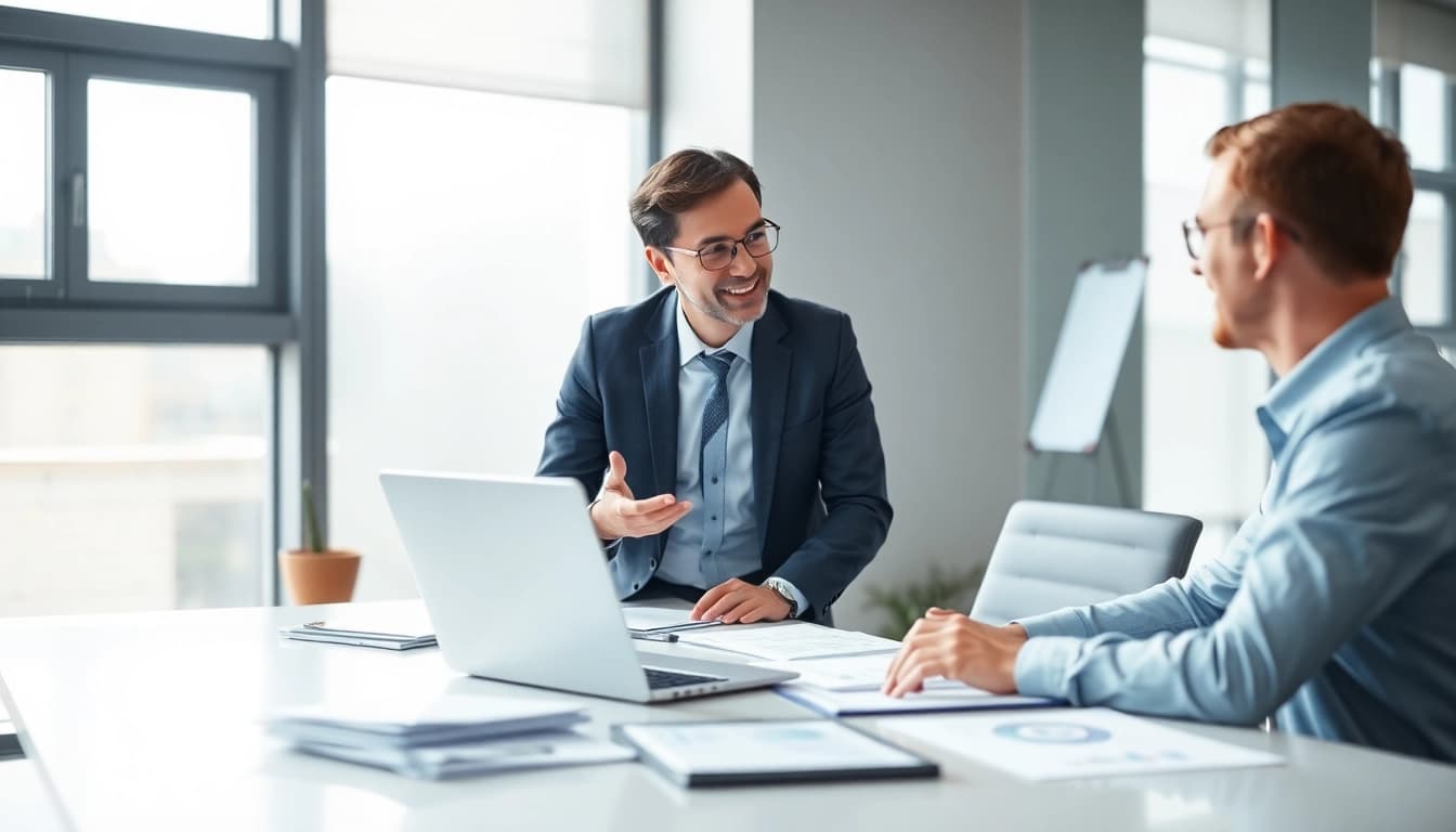Headhunter Schweiz führt ein professionelles Gespräch in einem modernen Büro.