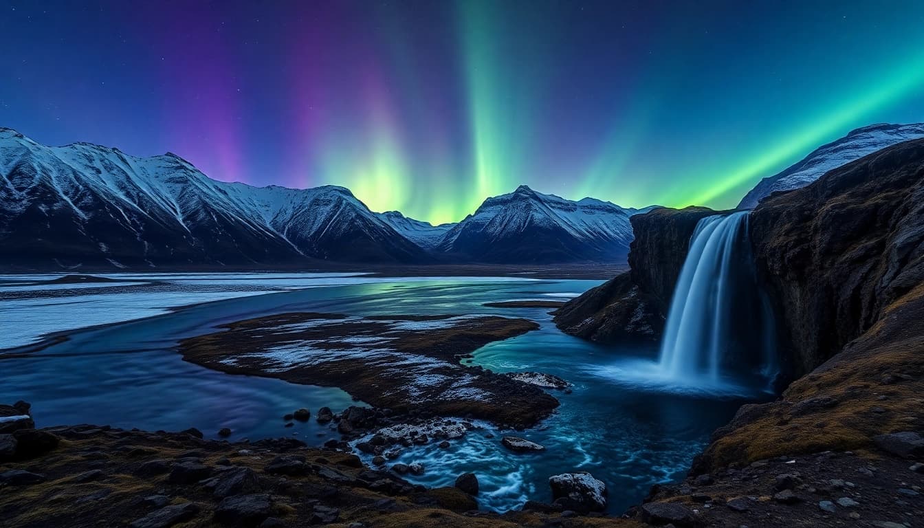 Entdecken Sie die unvergessliche Reise nach Island mit spektakulären Nordlichtern über einer schneebedeckten Landschaft und glitzernden Gewässern.