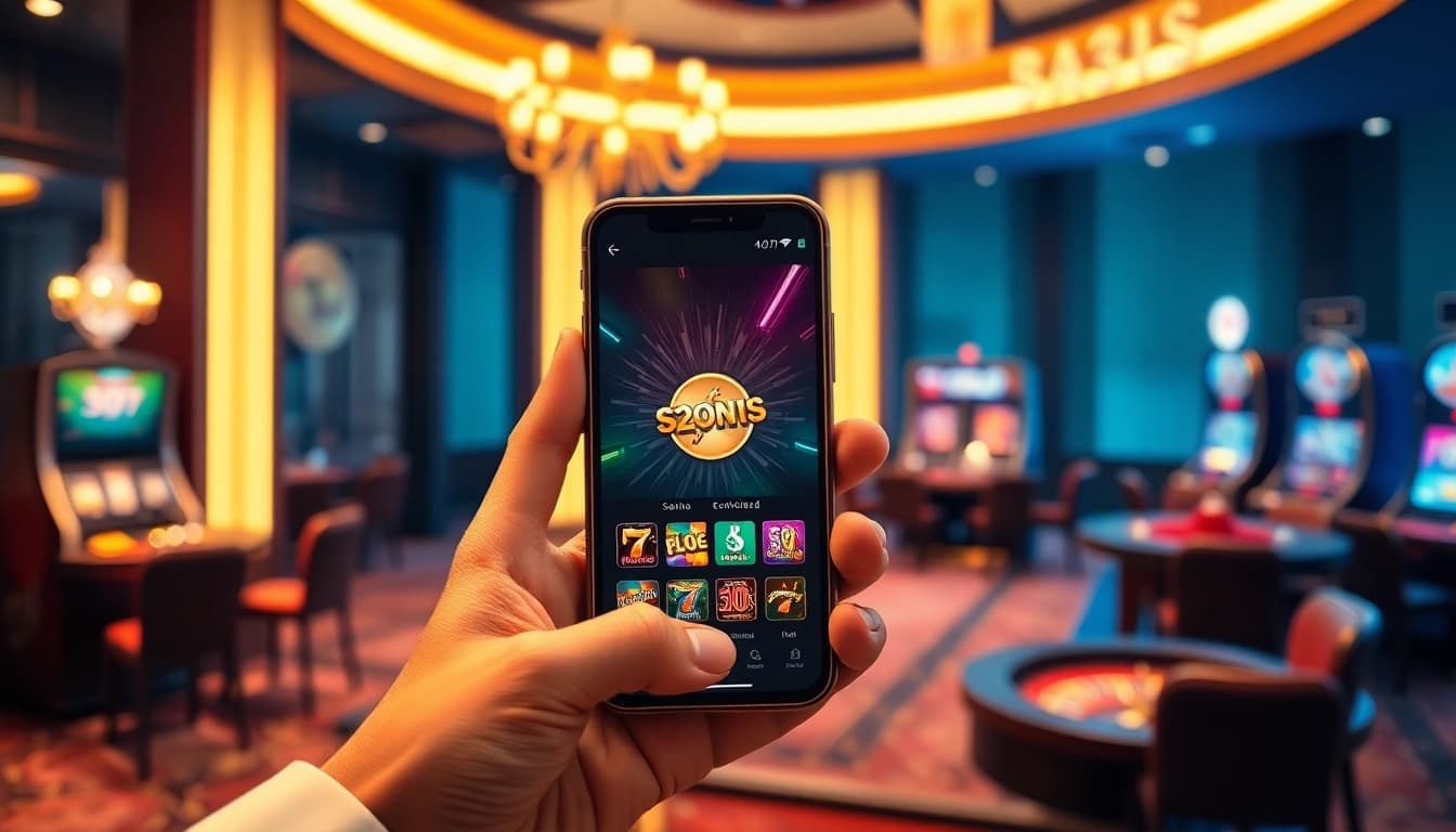 Erlebe echte Gewinne mit der besten echtgeld casino app auf deinem Smartphone, umgeben von glamourösem Casino-Ambiente.
