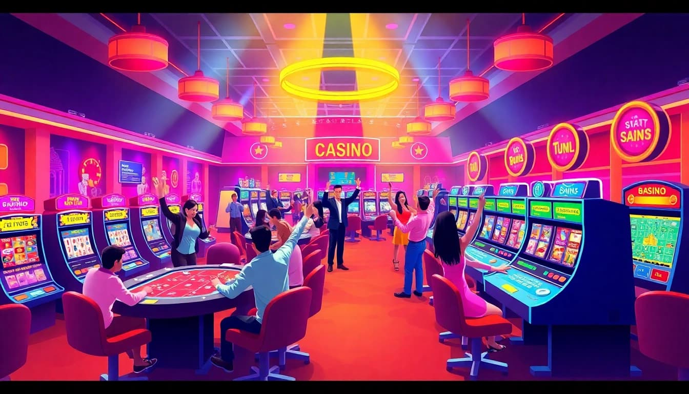 Engaging scene of beste online casinos ohne deutsche lizenz featuring happy gamers and colorful slot machines.
