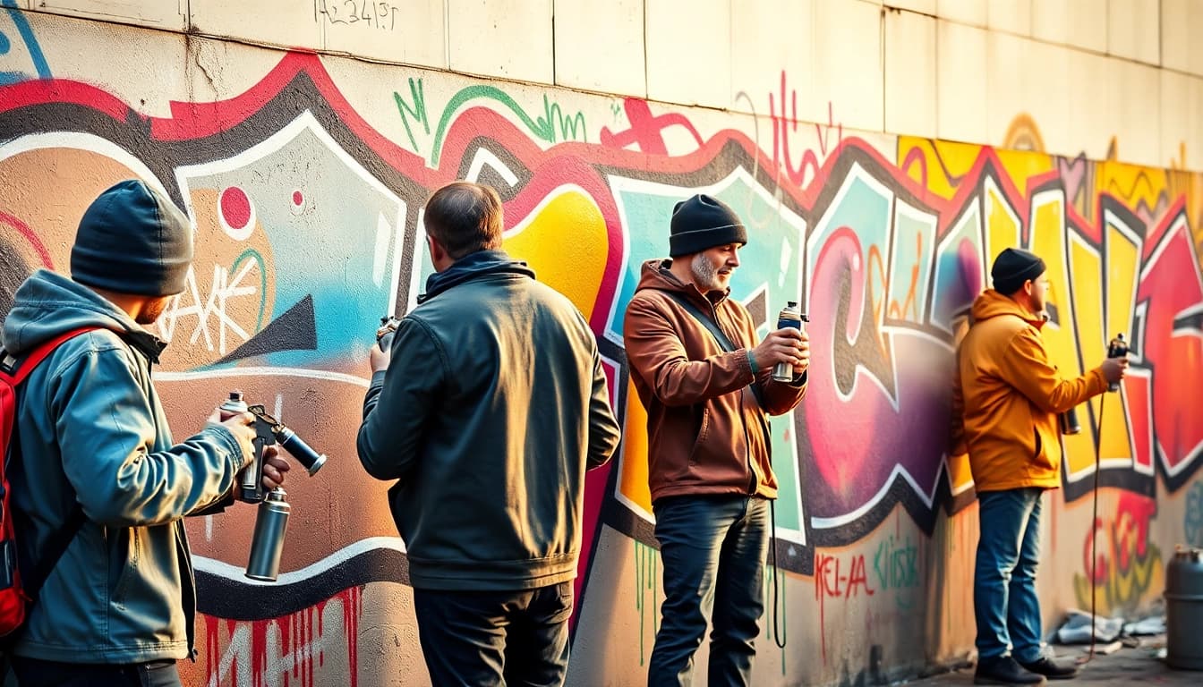 Sieh dir Graffiti München in Aktion an – Künstler gestalten bunte Wandmalereien mit Spraydosen.