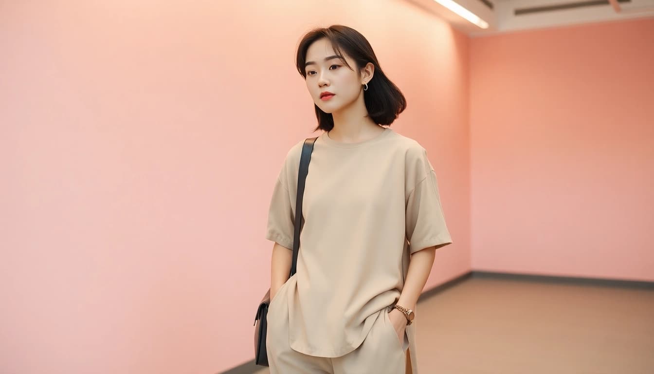 Trage stil-koreanisch mit eleganten pastellfarbenen Outfits in einem urbanen Setting.