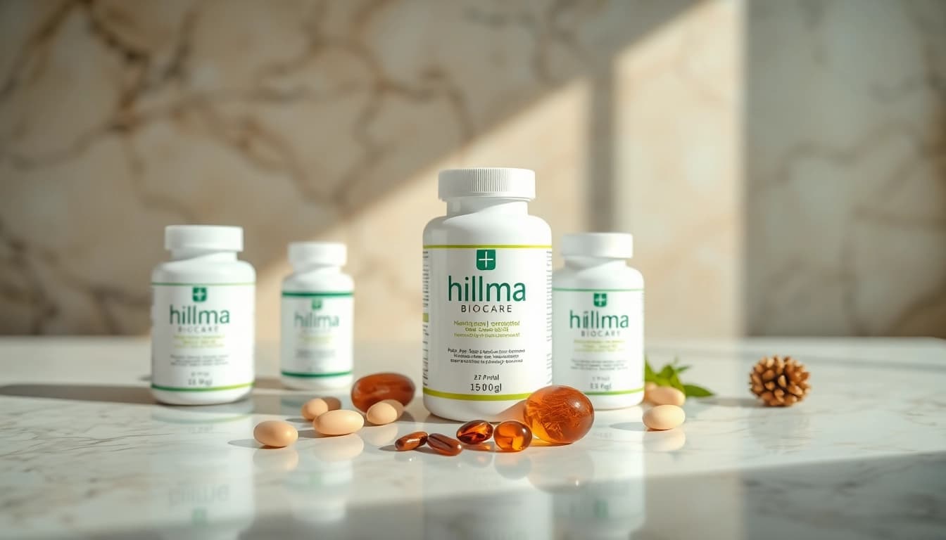 hilma biocare Produkte in eleganter Anordnung auf marmoriertem Hintergrund zeigen Wellness und Vitalität.