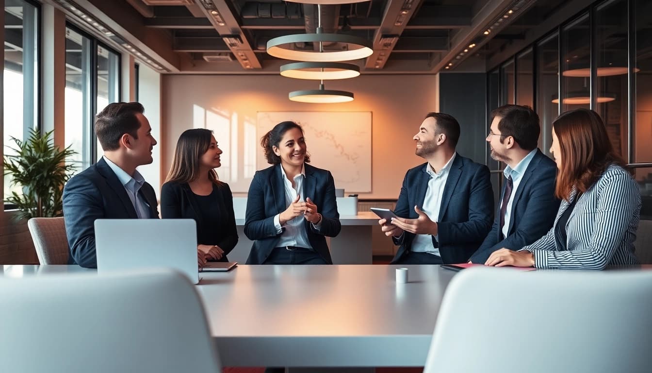 Unternehmensberatung in einem modernen Büro, während Berater an Strategien arbeiten und sich austauschen.