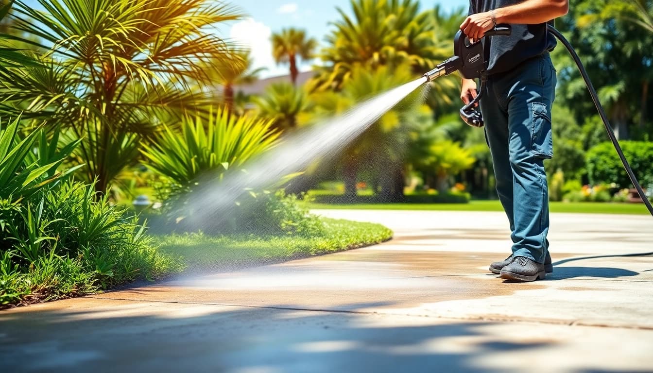 Driveway pressure wash in action, showcasing a technician cleaning a concrete driveway in Kissimmee, FL.