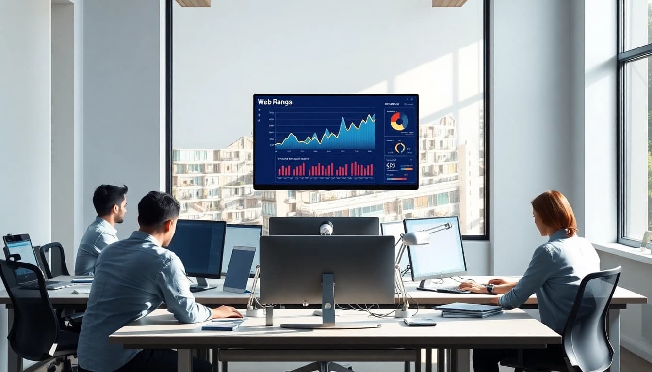 Visualisiere die effiziente Arbeitsumgebung eines digitalen Teams, das den Web-Rang analysiert, um bessere SEO-Strategien zu entwickeln.