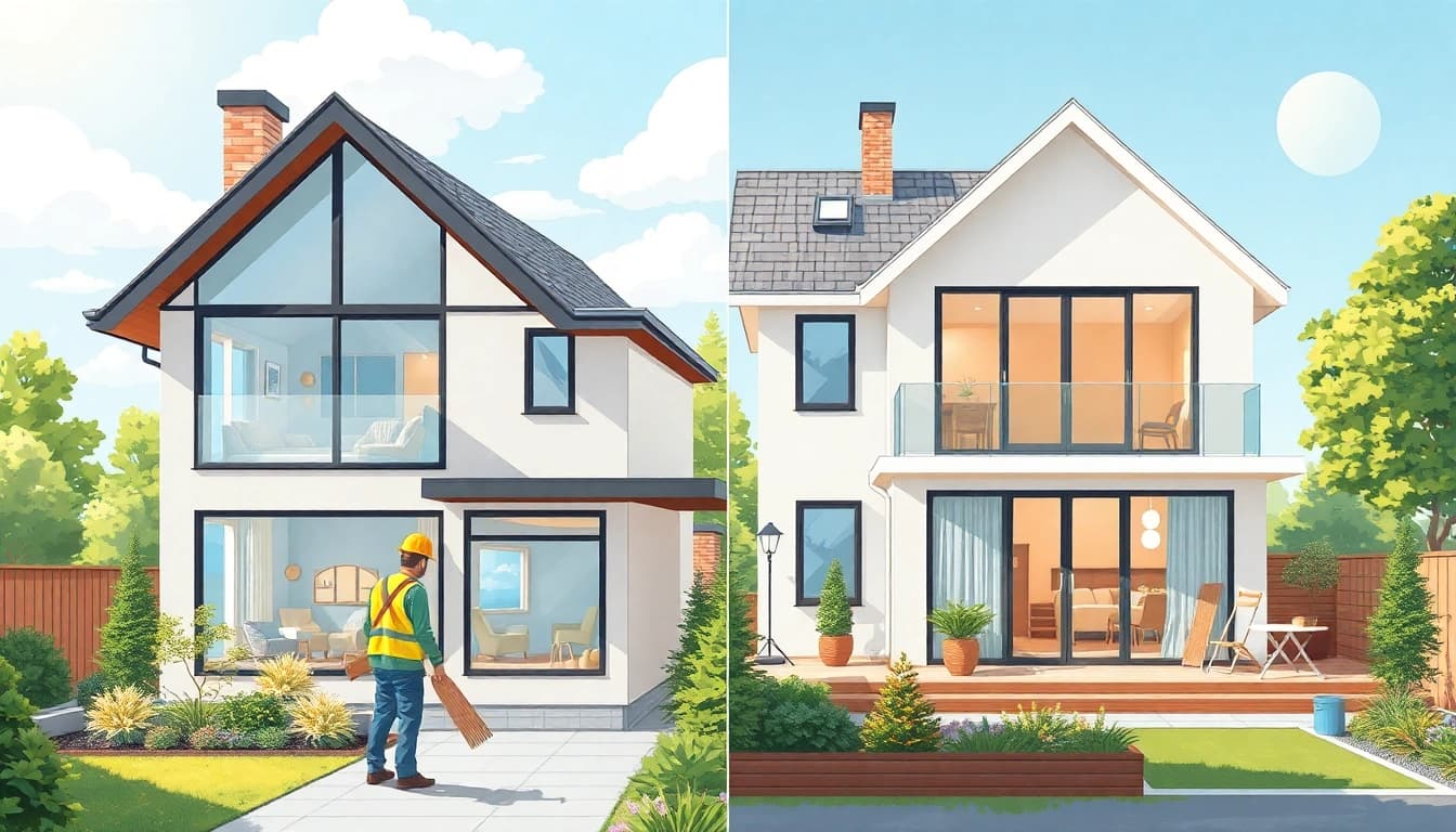 Visualisieren Sie eine beeindruckende Hausrenovierung: Vorher-Nachher-Transformation eines modernen Hauses mit Handwerkern.