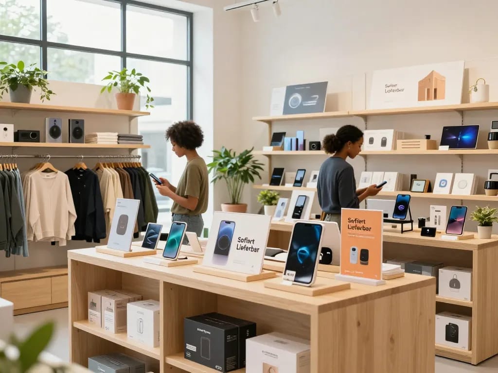 Einzelhandels Szene mit Produkten mit Sofort Lieferbar Verfügbarkeit, Käufer stöbert in einem hellen E-Commerce-Shop.