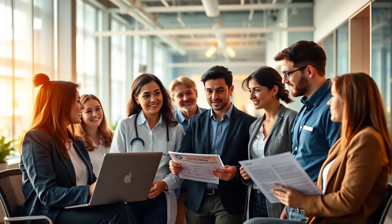 Explore dynamic professionals discussing average salary in Germany, showcasing diversity in a modern office.