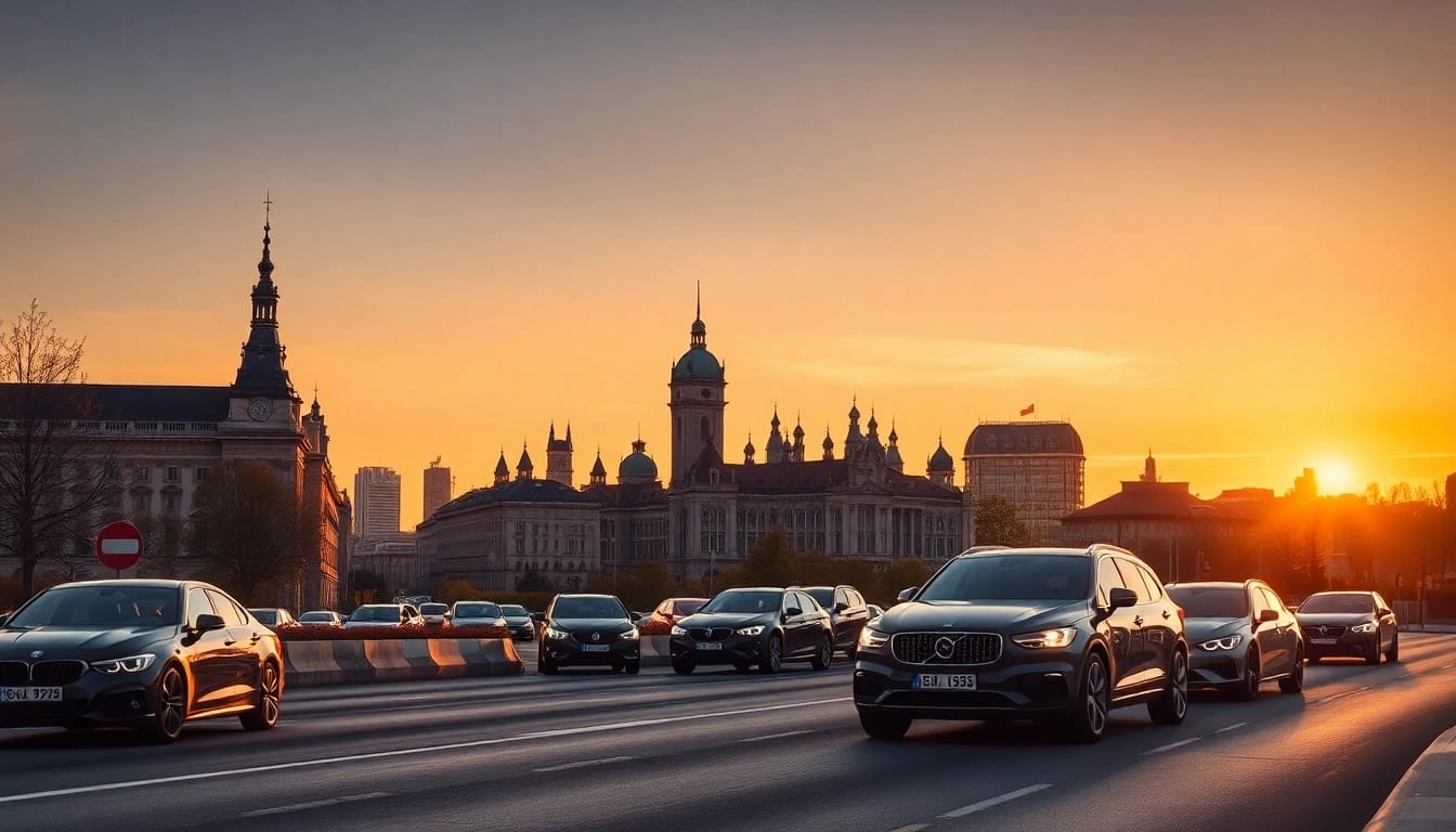 München Skyline mit Autos, die das Thema 'Minderwertausgleich reduzieren München' illustrieren.