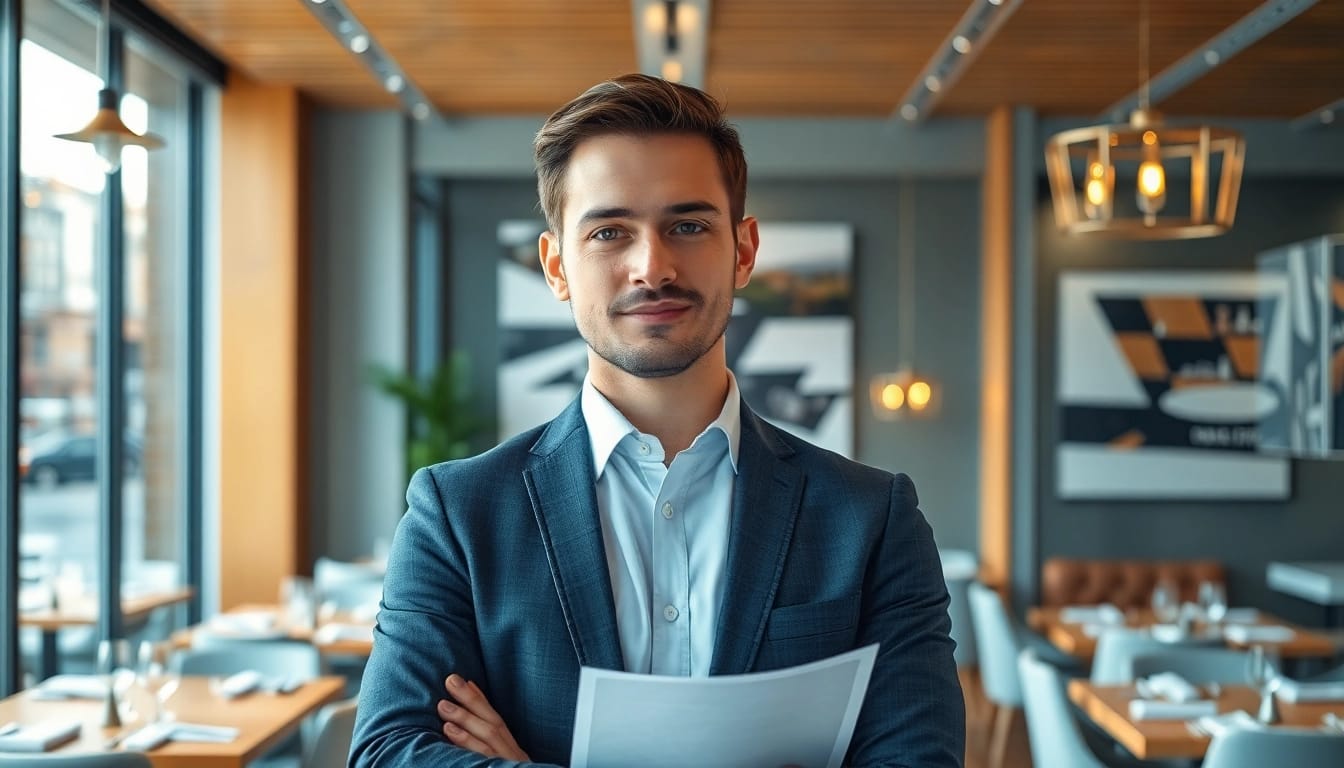Headhunter Gastronomie im eleganten Büro, während er Unterlagen durchsieht.