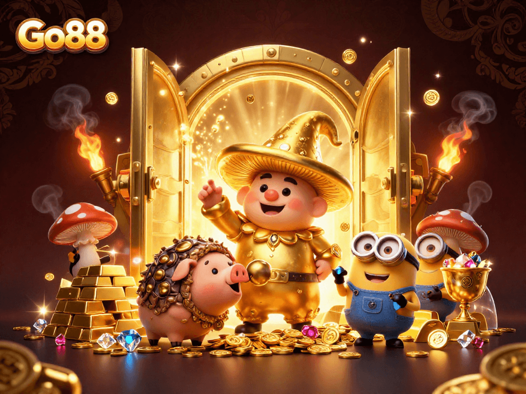 Experience exciting gameplay at Go88 with a golden wizard, treasure, and festive gambling elements.