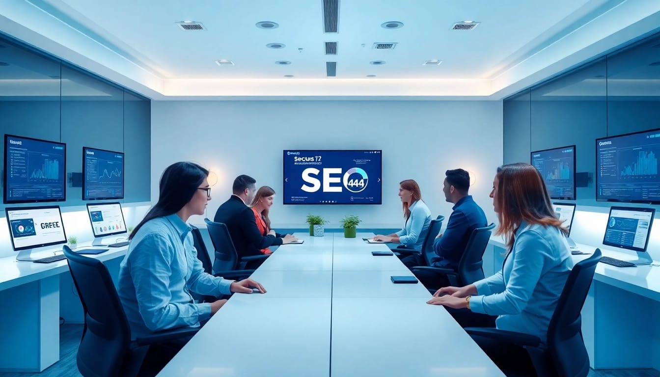 Boost SEO.my with a modern workspace featuring analytics displays and a collaborative team environment.