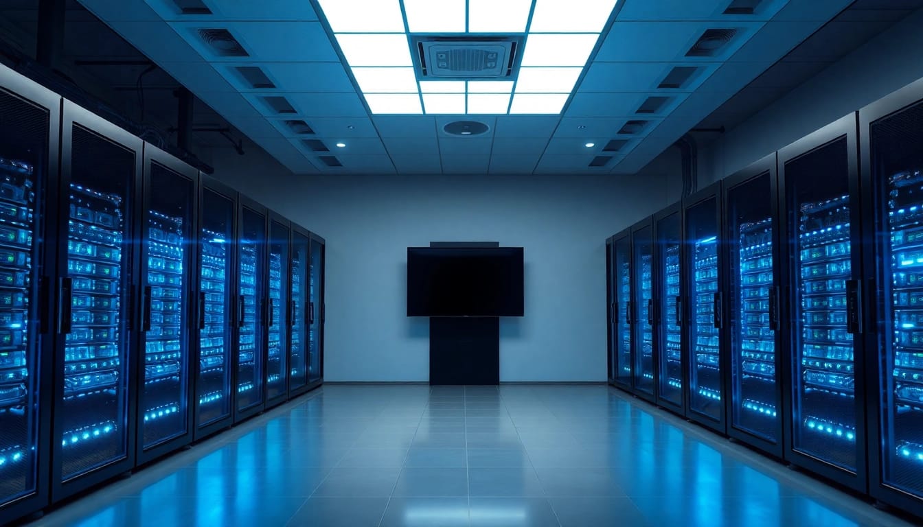 Machen Sie einen Kauf von Microsoft Server 2022 Standard günstig kaufen mit einem modernen Serverraum im Hintergrund.