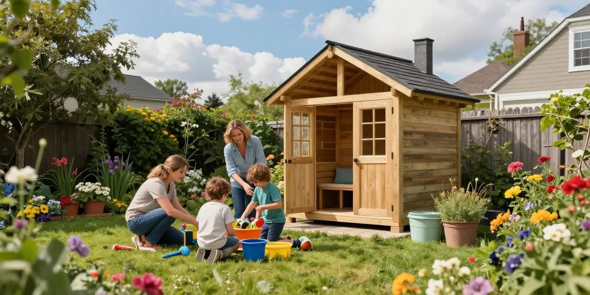 Gartenhaus kaufen: Familie genießt den neuen Gartenplatz umgeben von bunten Blumen und Spielzeug.