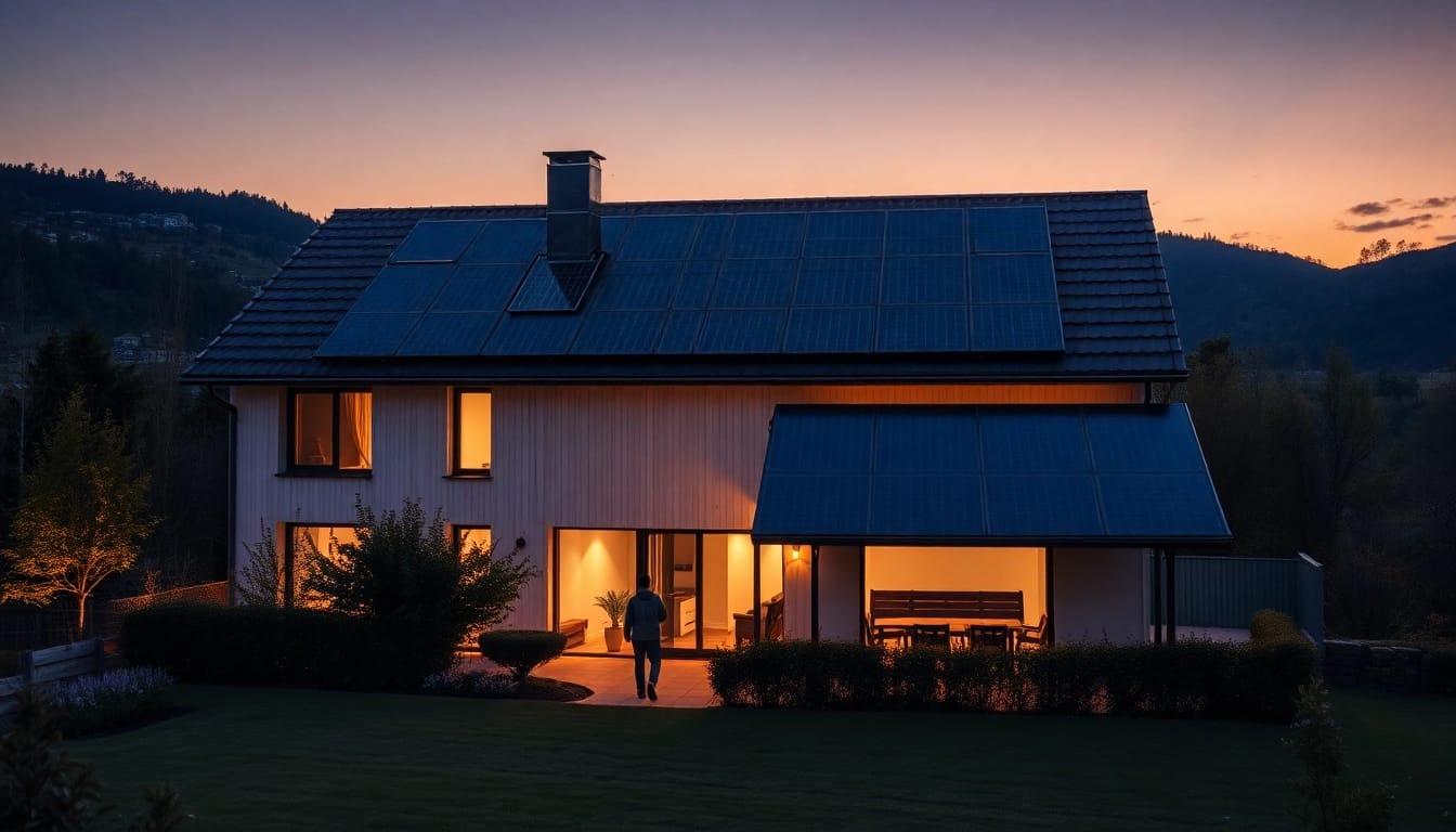 Entdecken Sie ein Photovoltaik Komplettsystem für Einfamilienhäuser auf einem modernen Zuhause, umgeben von einem Garten und sanften Hügeln.