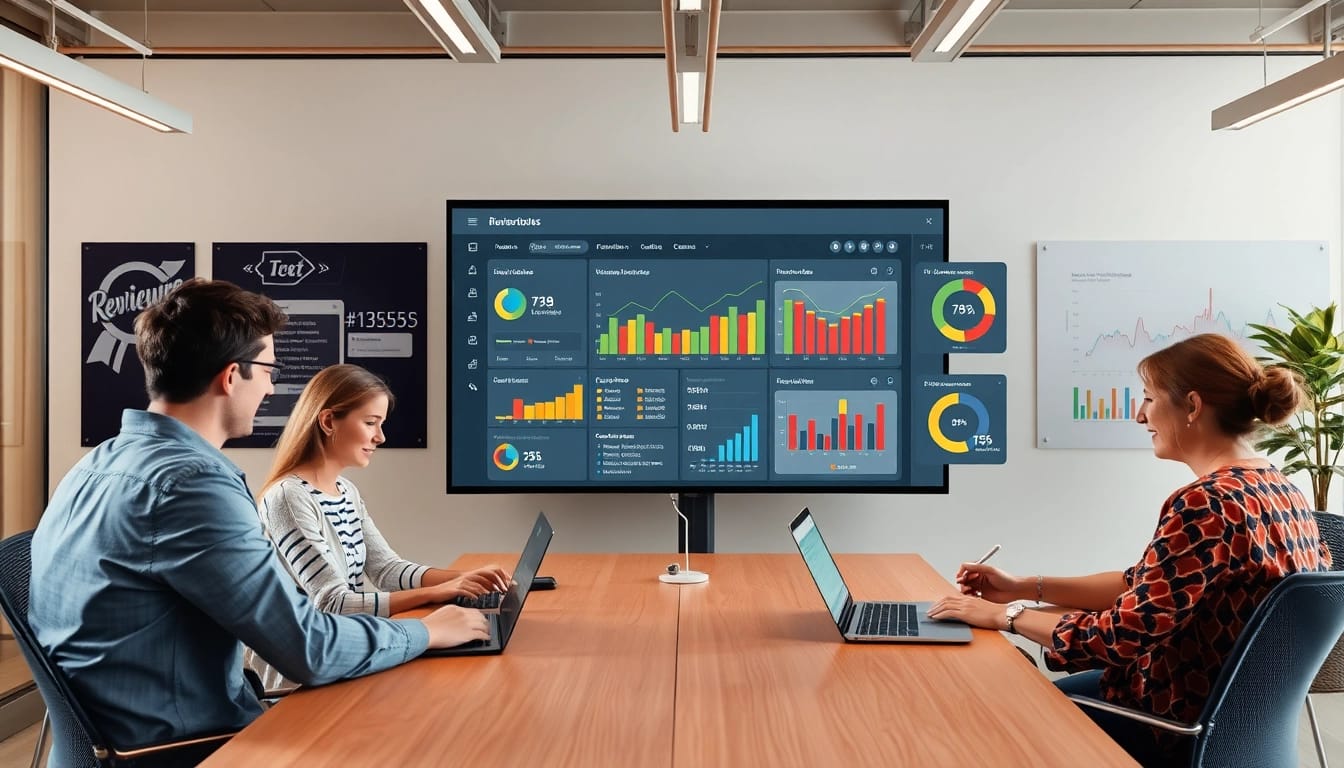 Visualisieren Sie einen modernen Arbeitsplatz mit einem Review Tracker Display, wo das Team gemeinsam an Kundenrezensionen arbeitet.