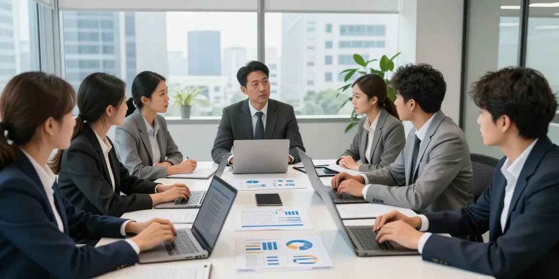 Führungsverhalten bewerten: Team im Büro diskutiert Führungskraft-Bewertungen.