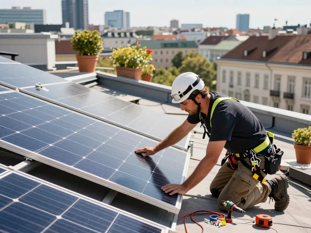Installateur, der ein Photovoltaik Wien Solarpanel auf einem Wiener Dach sichert und dabei grüne Energielösungen präsentiert.