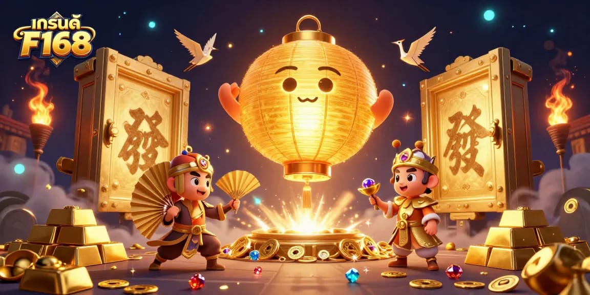 Engage with แบรนด์ F168 in an animated casino scene teeming with gold treasures and vibrant gaming action.