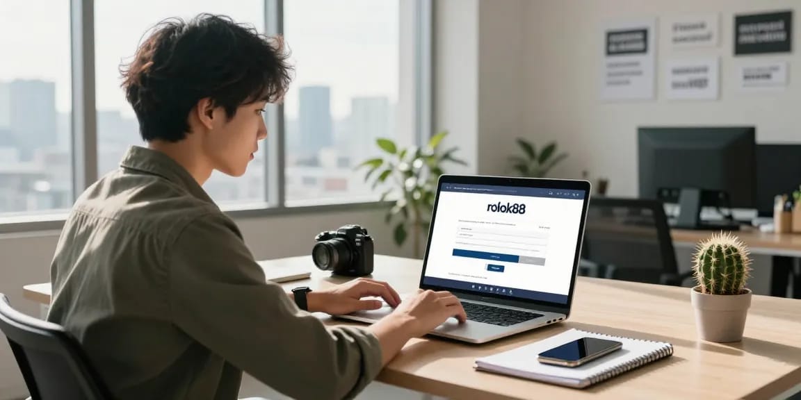 Professional accessing the rokok88 login page in a bright corporate office setting.