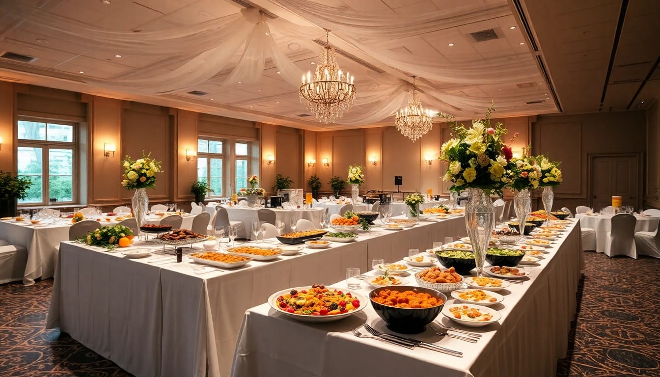 Ein stilvolles Eventcatering-Buffet mit kreativ angerichteten Speisen und festlicher Atmosphäre.