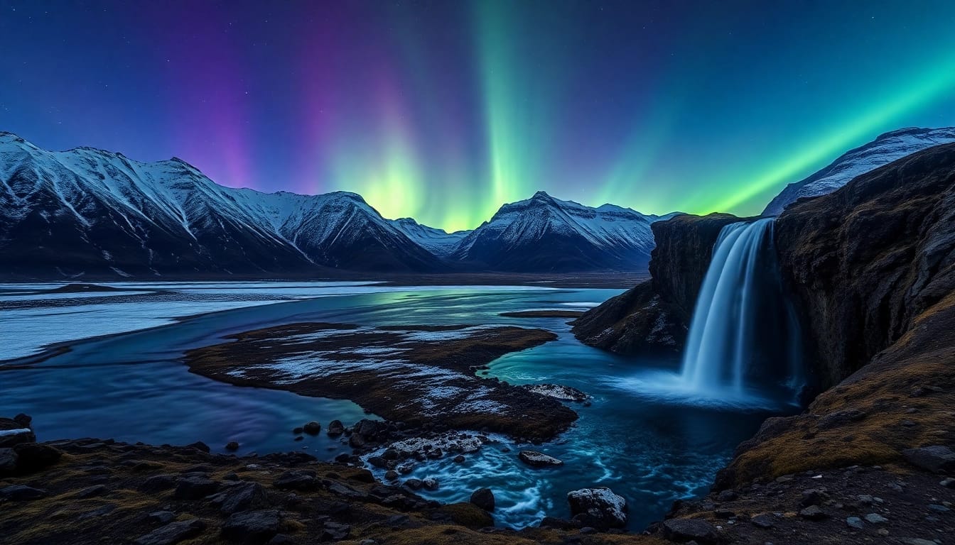 Entdecken Sie die unvergessliche Reise nach Island mit spektakulären Nordlichtern über einer schneebedeckten Landschaft und glitzernden Gewässern.