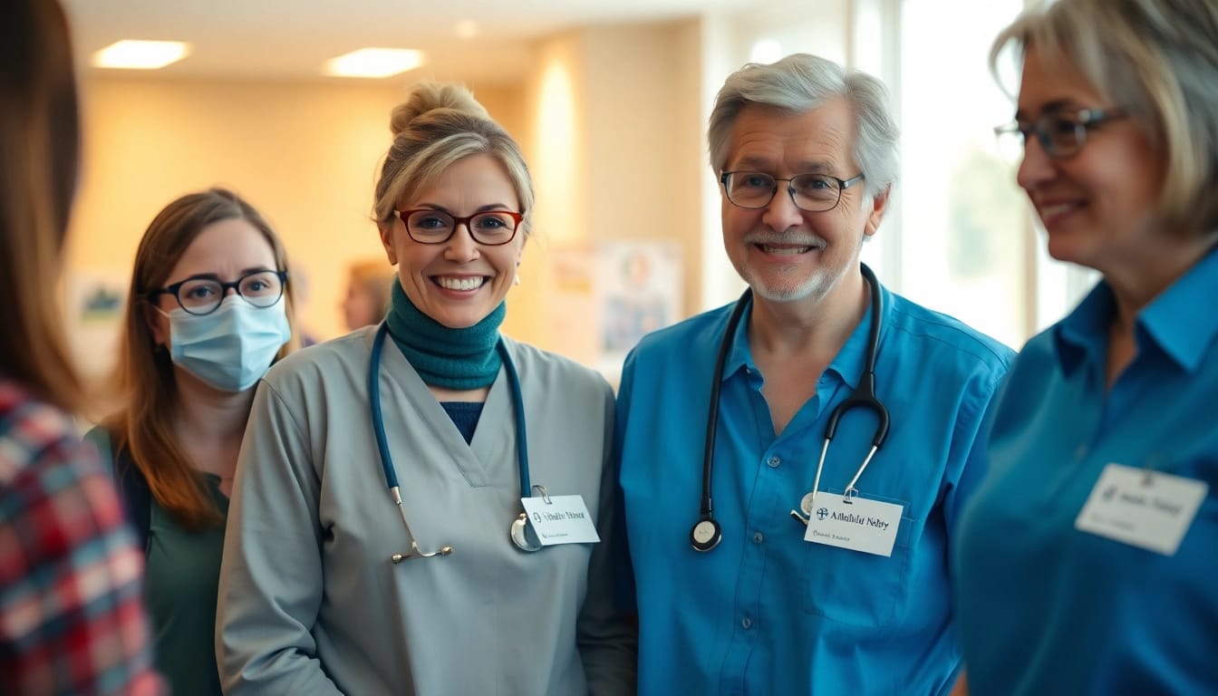 Ambulante Pflegedienst Werbung gestalten, während Mitarbeiter mit Menschen interagieren.