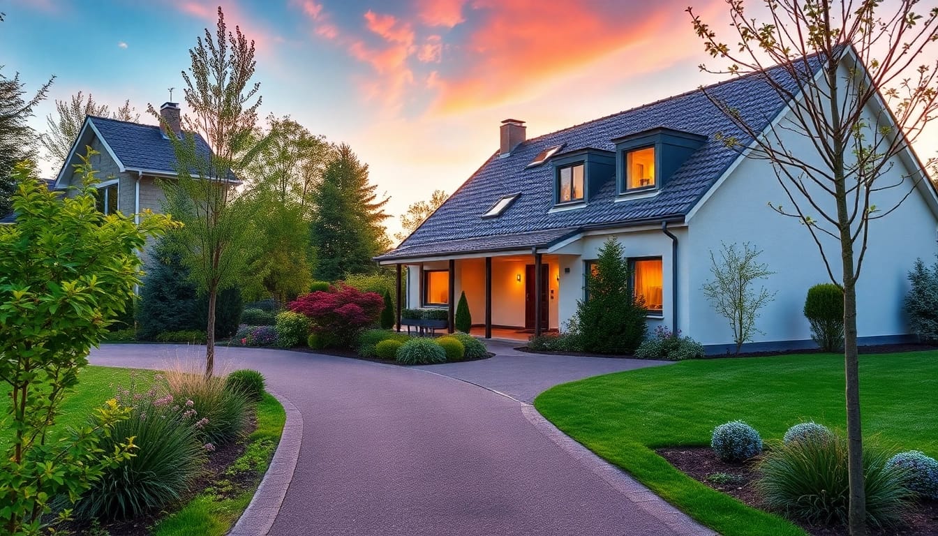 Verschönere dein Leben mit einem Hauskauf: modernes Einfamilienhaus umgeben von einem blühenden Garten bei Sonnenuntergang.