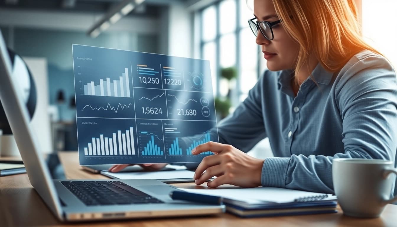 Evodrop Beobachter analysiert Daten in modernem Büro mit digitalem Dashboard.