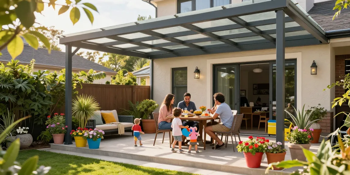 Moderne Terrassenüberdachung in einem einladenden Garten mit Familie beim Essen.