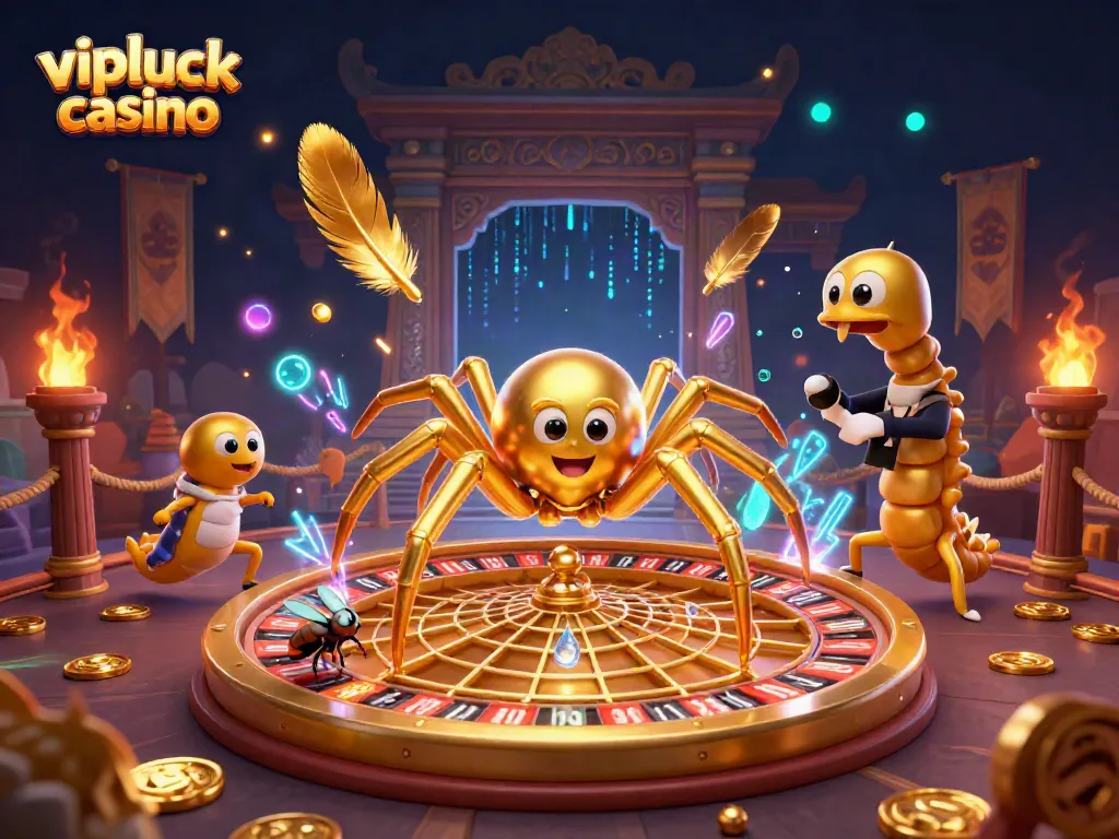Experience excitement at vipluck casino with a vibrant 3D illustration of a spider-themed roulette game.